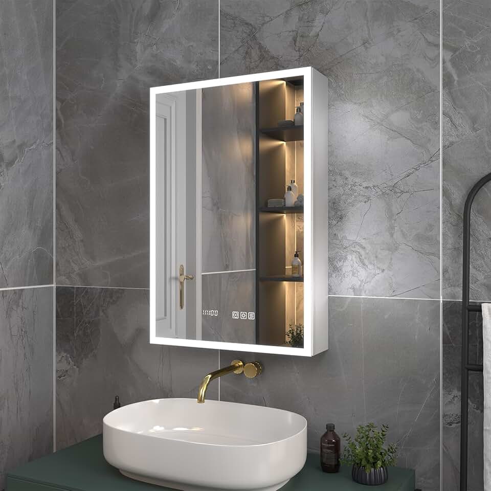 ExBrite Lighted Medicine Cabinet 20 x 30 Inch,Recessed or Surface led Medicine Cabinet, Clock&Room Temp Display,Defog,Dimming,Medicine Cabinet with Lights 3-Color Temper Chang,Hinge on The Left