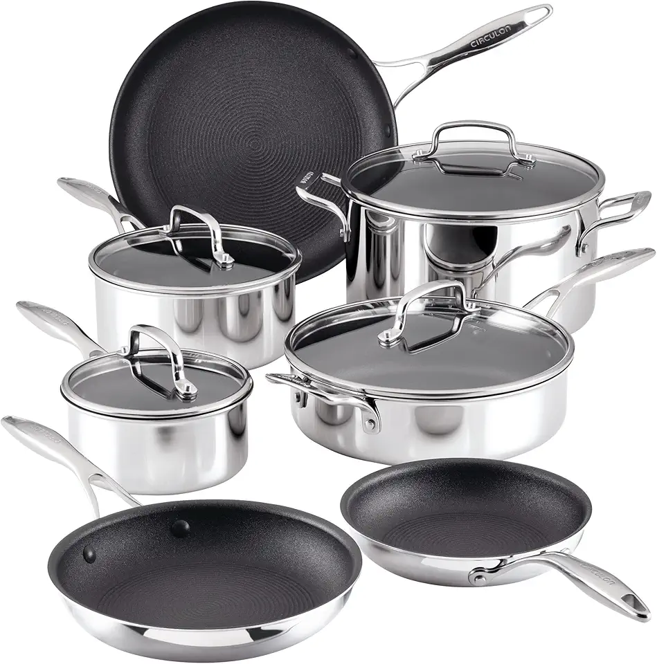Circulon C1 Series Clad Stainless Steel with ScratchDefense Technology Nonstick Induction Cookware Pots and Pans Set, Metal Utensil Safe, 11 Piece Set - Polished Stainless Steel