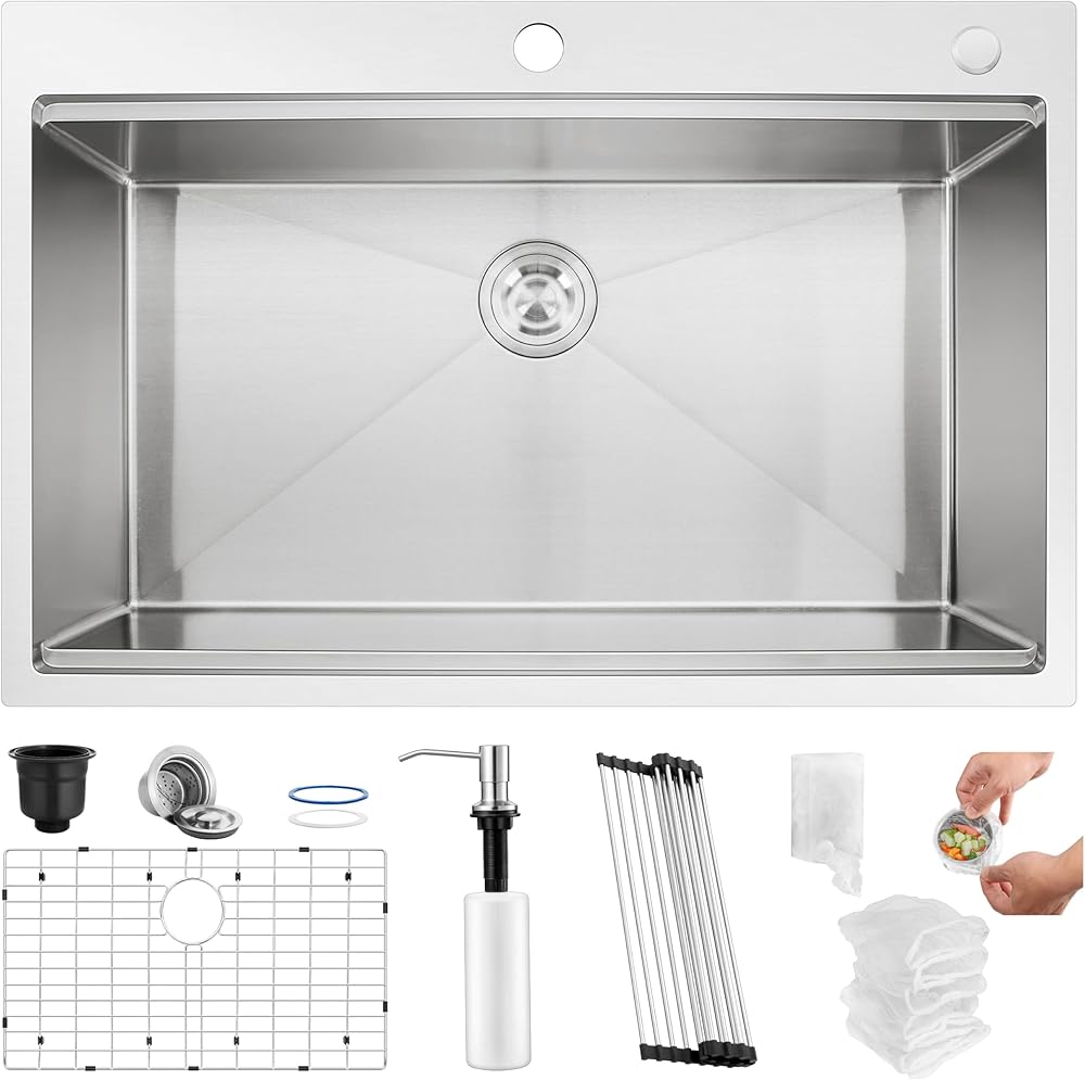 Herogo 33x22Inch Drop In Kitchen Sink, Stainless Steel Single Bowl Kitchen Workstaion Sink Basin, Handmade 16 Gauge 10'' Deep Kitchen Sink with Accessories