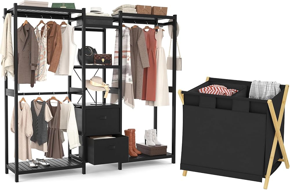 Bamboo Closet System and Double Laundry Hamper Bundle, Black