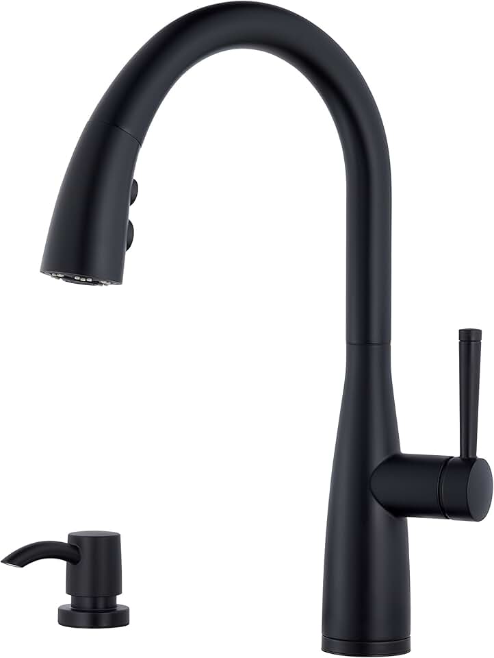 Pfister Raya Kitchen Faucet with Pull Down Sprayer and Soap Dispenser, Single Handle, High Arc, Matte Black Finish, F5297RYB