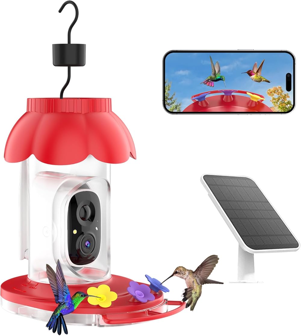 Hummingbird Feeder with Camera, Solar Powered, AI Identify Bird Breed,1080P Video Bird Watching Camere,Ant and Bee Proof,3 Color Feeding Ports,Hanging on Porch Patio(21 Ounces)