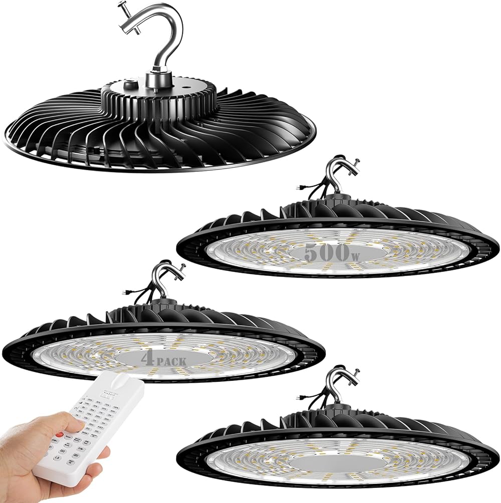 Smart (Max.Energy Saving Self -Setting) 500W LED High Bay Light Motion Activated High Bay LED Lights, AC100-277V UFO Lights 𝟓𝐘𝐫𝐬 𝐖𝐚𝐫𝐫𝐚𝐧𝐭𝐲- 4Pack(Remote Buy Separate)