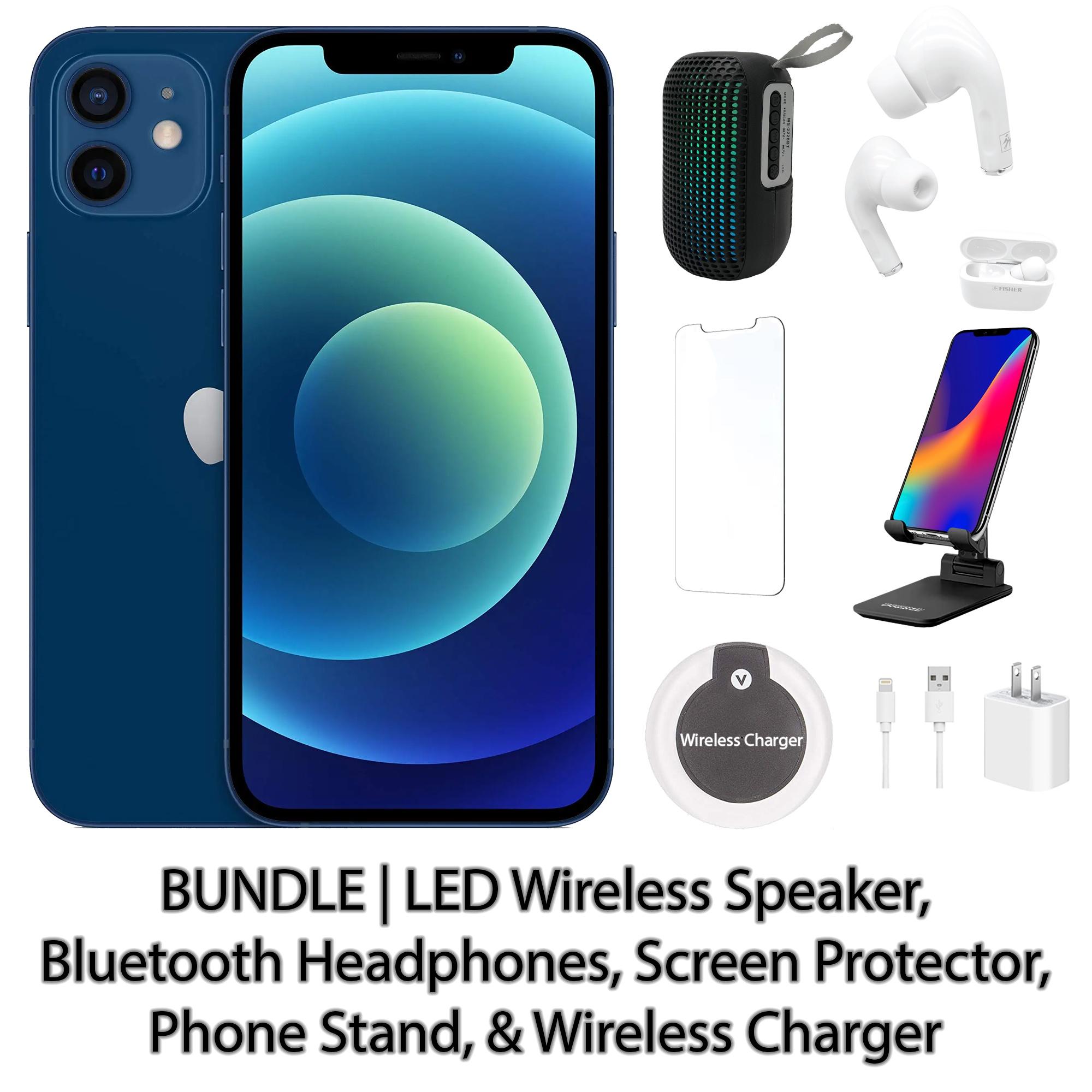 Restored Apple iPhone 12 256GB Blue Fully Unlocked with LED Wireless Speaker, Bluetooth Headphones, Screen Protector, Wireless Charger, & Phone Stand (Refurbished)