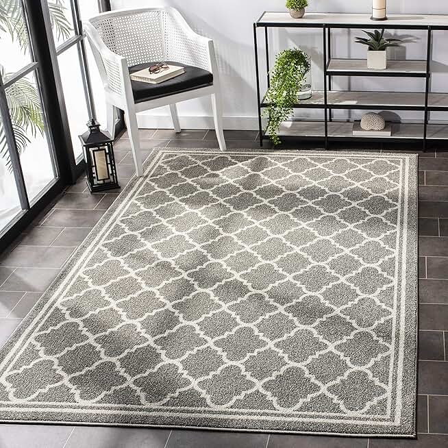 SAFAVIEH Amherst Collection 8' Square Dark Grey/Beige AMT422R Moroccan Trellis Non-Shedding Living Room Bedroom Area Rug