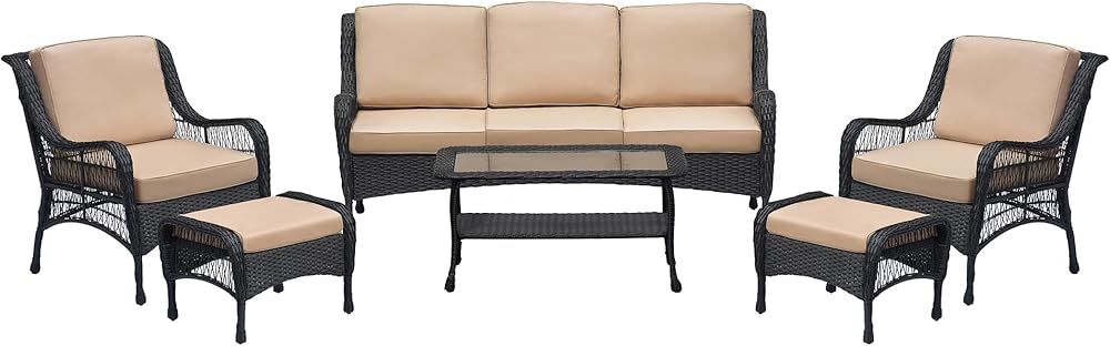 GOWE 6-Piece Patio Furniture Set, Hand-Woven Rattan Outdoor Conversation Set for Backyard, 3 Seater Sofa, 2 Single Chair, 2 Ottomans and 1 Coffee Table