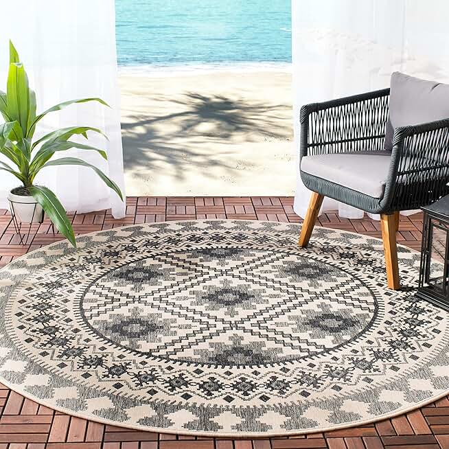 SAFAVIEH Veranda Collection 8' Round Ivory/Slate VER099 Boho Indoor/ Outdoor Non-Shedding Easy Patio Backyard Porch Deck Mudroom Area Rug