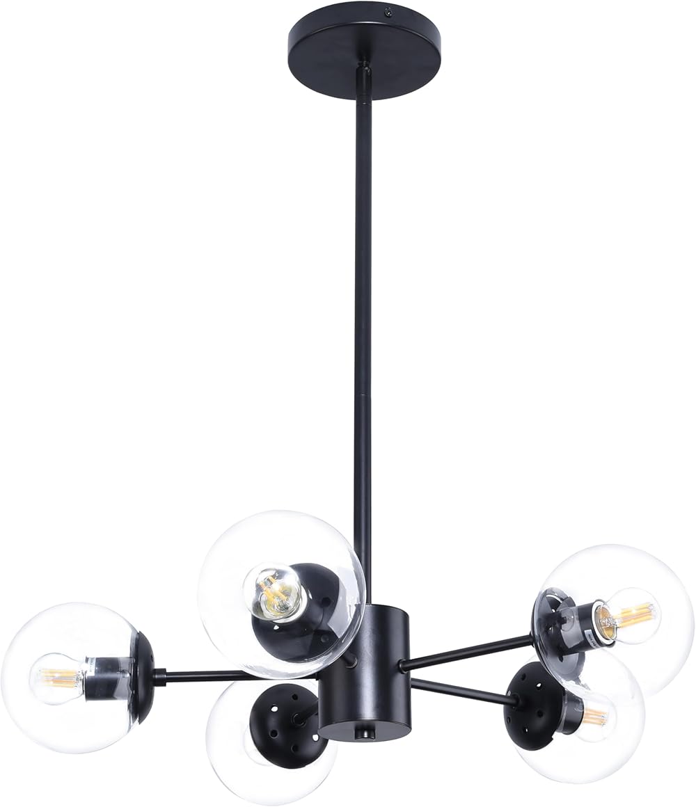 5-Light Globe Sputnik Chandelier Black Mid Century Sputnik Chandeliers Dimmable Globe Pendant Light Matte Black Finished with Clear Globe Glass Lampshade Sputnik Chandeliers for Dining Room