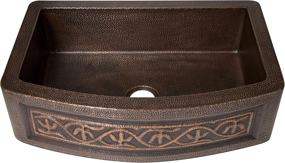 Farmhouse Copper Kitchen Sink, Single Well Cactus Design Round Apron Hammered Copper, Sanded Dark Finish and Clear Color Design, 33”x22”x9”