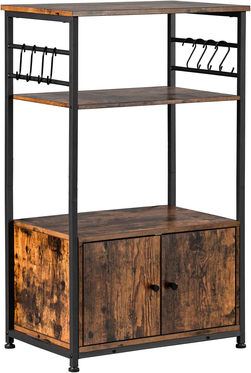 Tall Kitchen Baker's Rack with Floor Storage Cabinet and 8 Hooks Microwave Stand with Shelves Coffee Bar with Metal Frame, Cupboard, Sideboard, Utility Wooden Storage Shelf for Kitchen, Brown