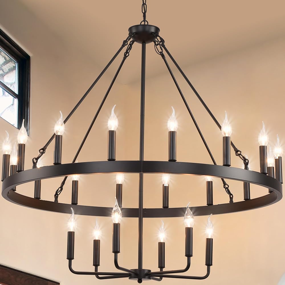 2 Tier 40“ Black Wagon Wheel Chandelier,22-Lights Round Large Farmhouse Industrial Pendant Light Fixture,Modern Porch Wheel Chandeliers high Ceilings for Foyer Dining Room Entryway