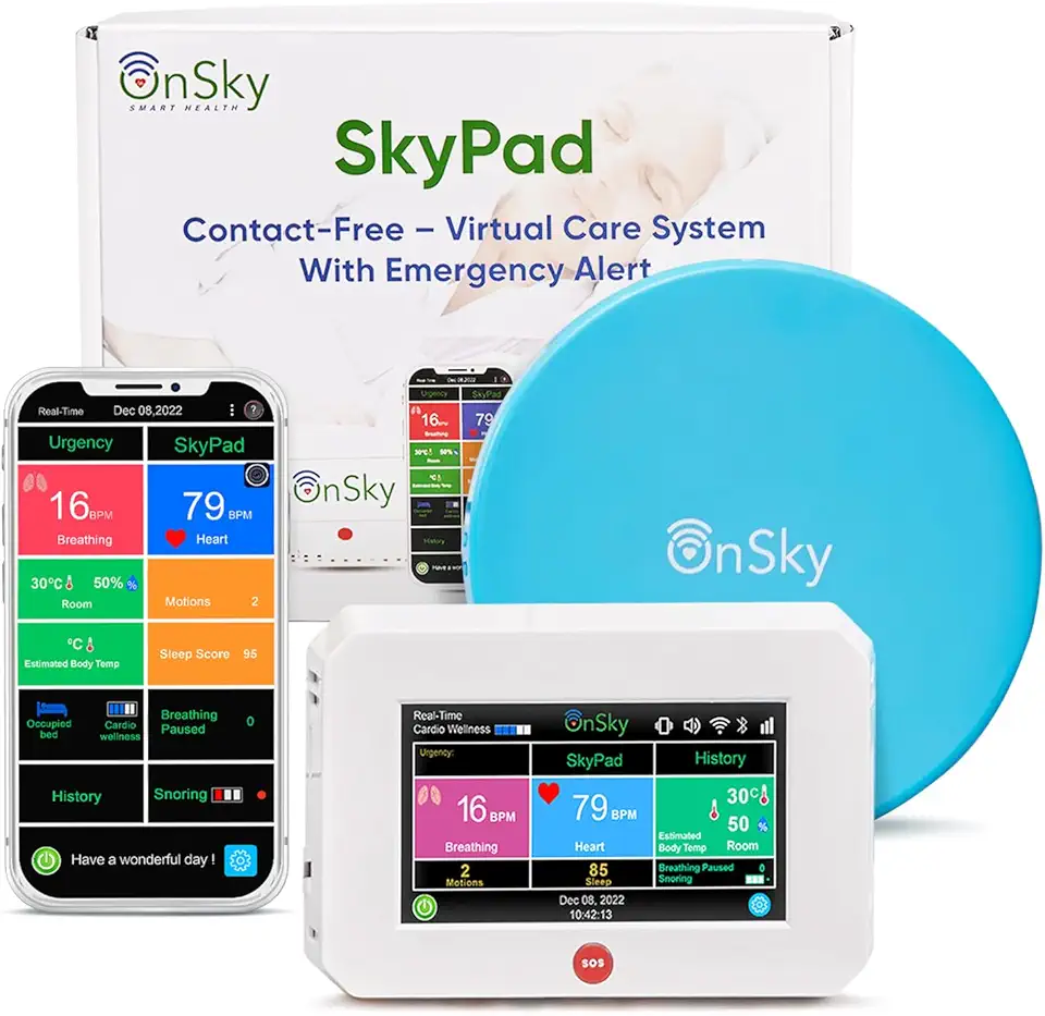 SkyPad-2 by OnSky Contactless Heart Rate & Breathing Monitor, Senior & Home Care - Vital Signs, Movement, Sleep, Monitor user's Wellness Anywhere, Anytime - Touchscreen Display - Urgency Alert