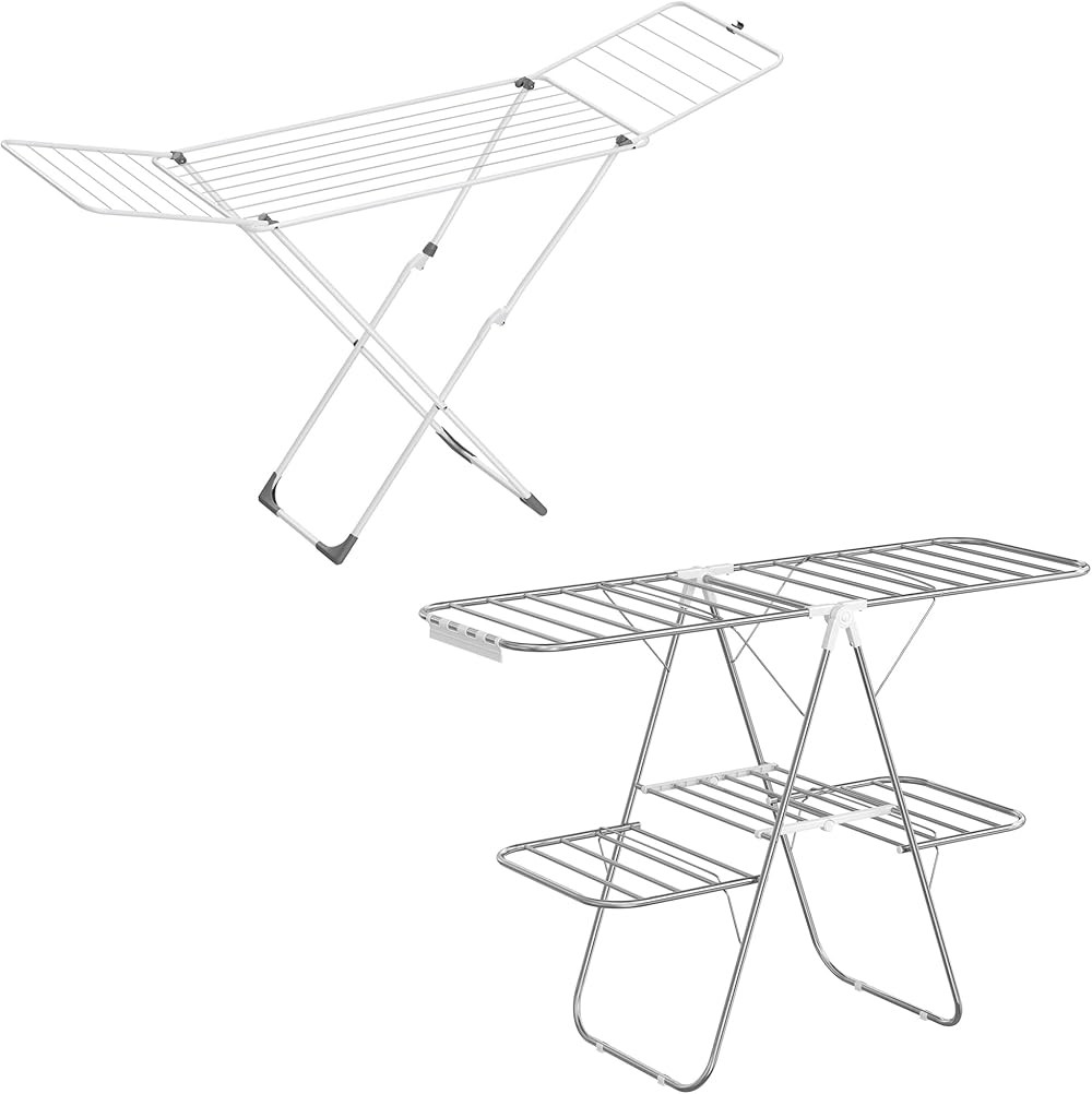 SONGMICS Two-Level Clothes Drying Rack and Metal Clothes Drying Rack Bundle, Foldable Laundry Drying Rack, Laundry Drying Rack with Gullwings, Silver and White ULLR053W01 and ULLR540W01