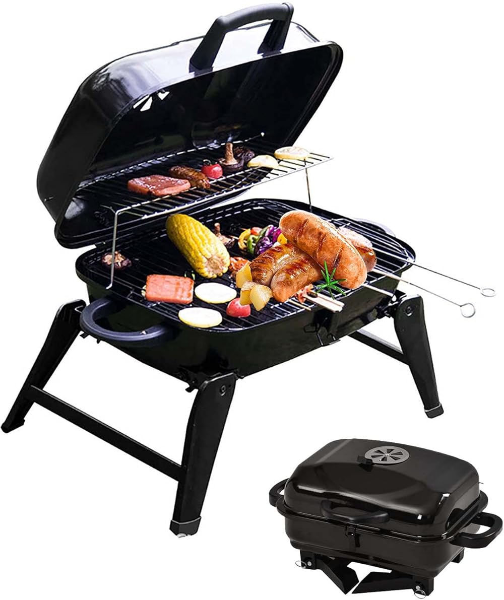 Charcoal Grill with Portable Anti-Scalding Handle Design, Tabletop Grill BBQ and Smoker with Lid, Folding Legs, for Outdoor BBQ for Poolside, Backyard, Garden