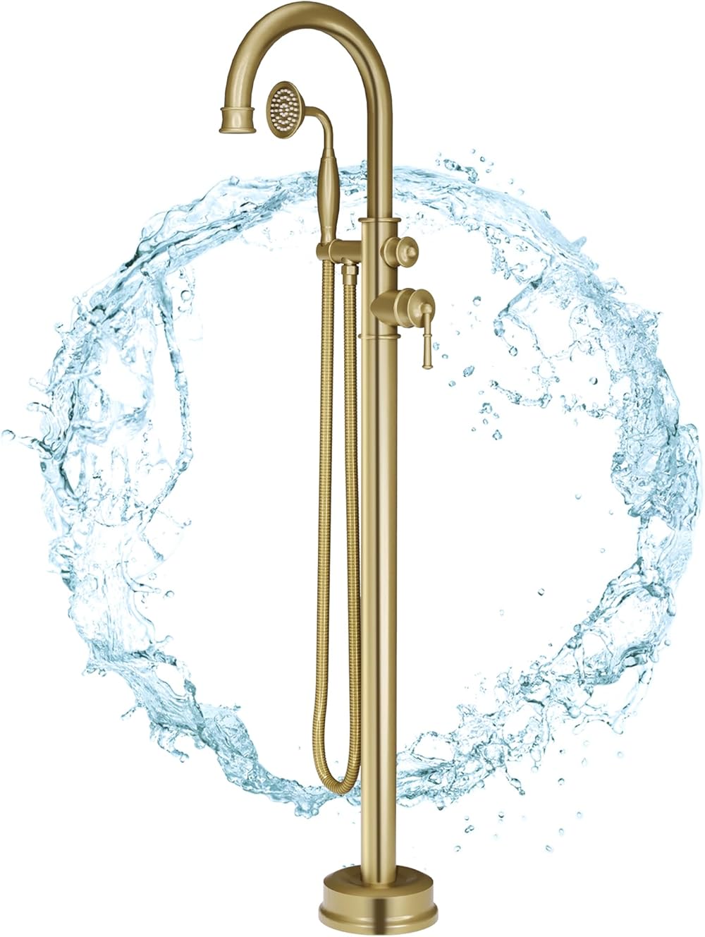 SUPERFLO Free Standing Tub Faucet Brushed Gold Tub Fillers Freestanding, Freestanding Bathtub Faucet Tub Filler Brass Stand Alone Tub Faucet Soaking Floor Mount With Rotate Handheld Shower
