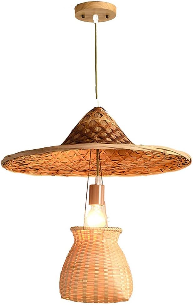 Bamboo Woven Hat Chandelier Hand-Woven Straw Hat Lamp Bamboo Pendant Light with Bamboo Basket Lampshade Wicker Light Fixtures Ceiling for Farmhouse, Living Room, Kitchen Island