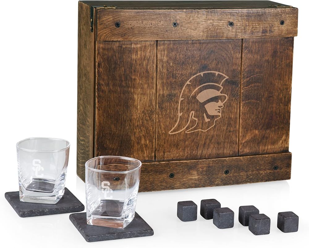PICNIC TIME NCAA USC Trojans Whiskey Box Gift Set, Whiskey Glasses Set of 2, Whiskey Stones Gift Set, (Oak Wood)