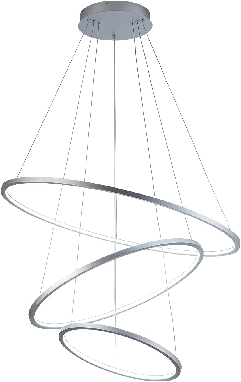 Room Decor 3 Rings Modern LED Chandelier Dimmable Circular Pendant Light Adjustable Contemporary LED Pendant Lighting for Dining Living Room Foyer, 100W 6500LM 6000K Cool White, Silver