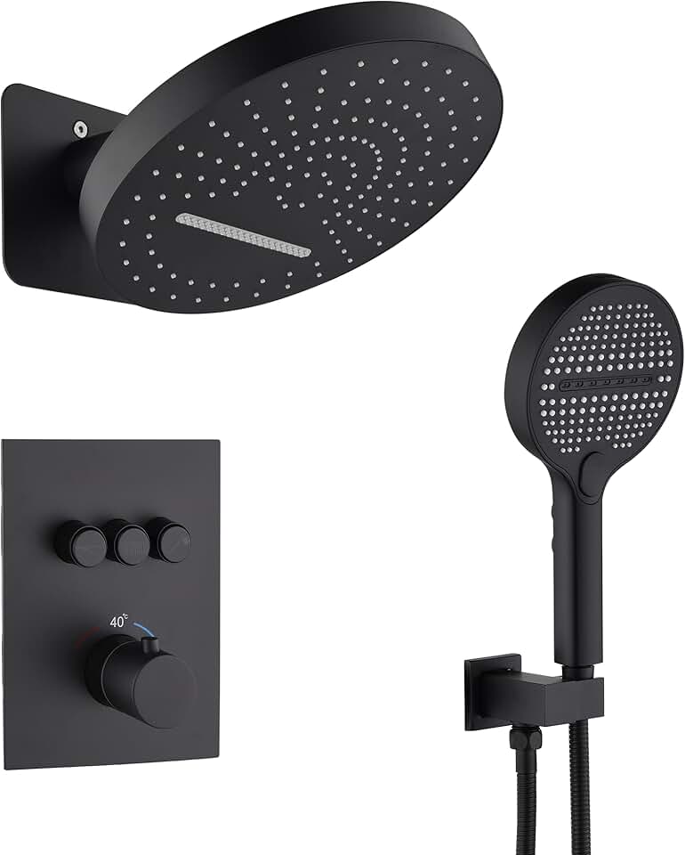Thermostatic Shower System, Wall Mount Rainfall Waterfall Shower System, Brass Valve Luxury Rain Shower System with 5 Modes High Pressure Handheld Shower Head, Matte Black