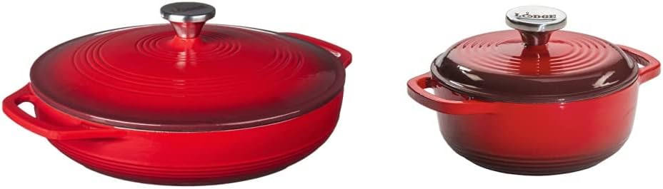 Lodge EC3CC43 Enameled Cast Iron Covered Casserole, 3-Quart, Island Spice Red & EC1D43 Enameled Cast Iron Dutch Oven, 1.5-Quart, Red