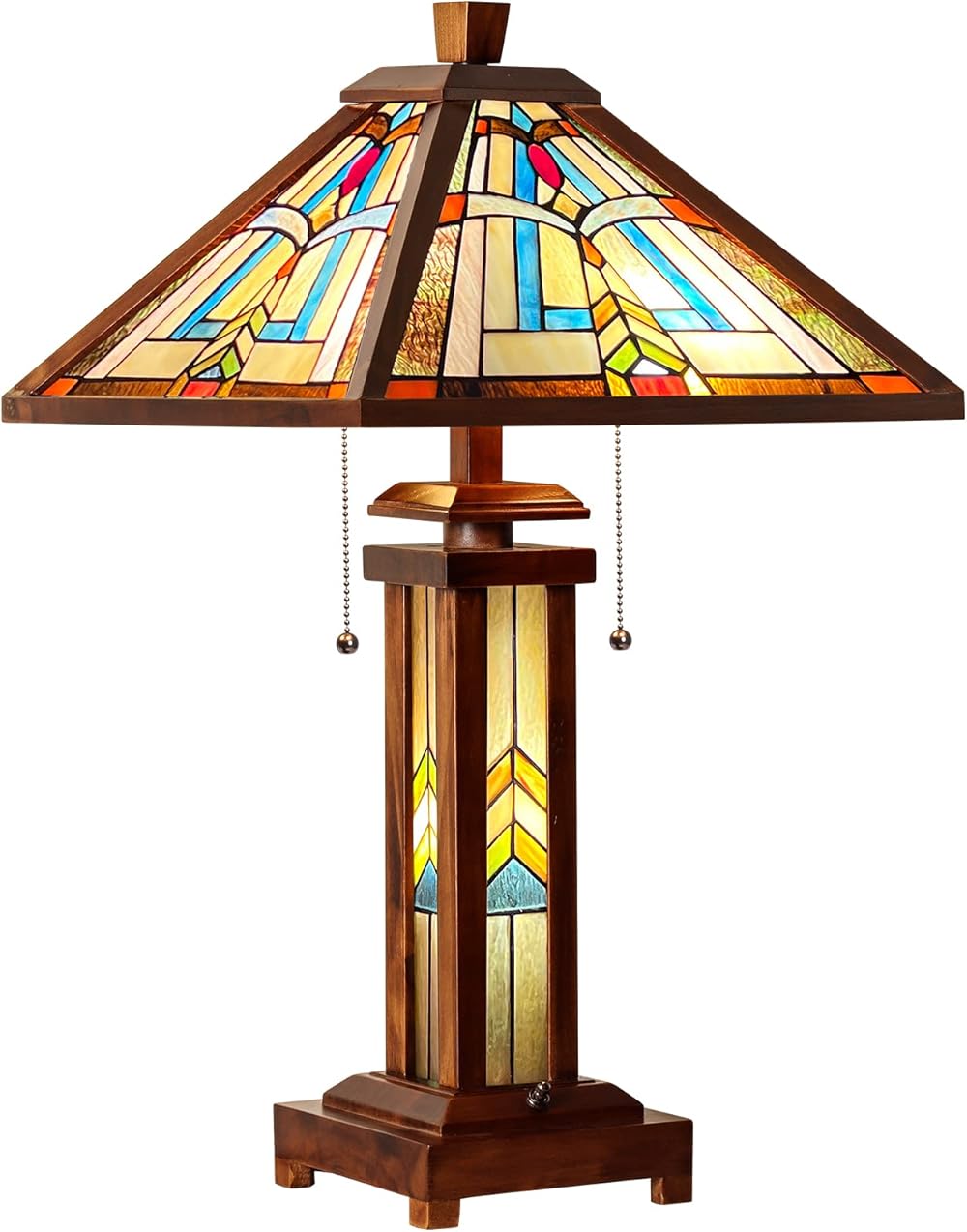 Capulina Wood Base Tiffany Table Lamp Triangle Mission Style Stained Glass Desk Lamp Decor for Living Room Bedroom Home Office