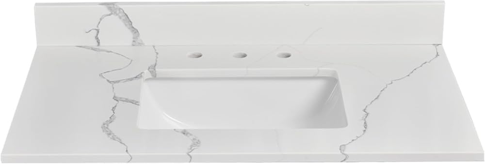 36 Inch Quartz Vanity Sink Top, Bathroom Vanity Top with Undermount Rectangular Middle Sink and 4