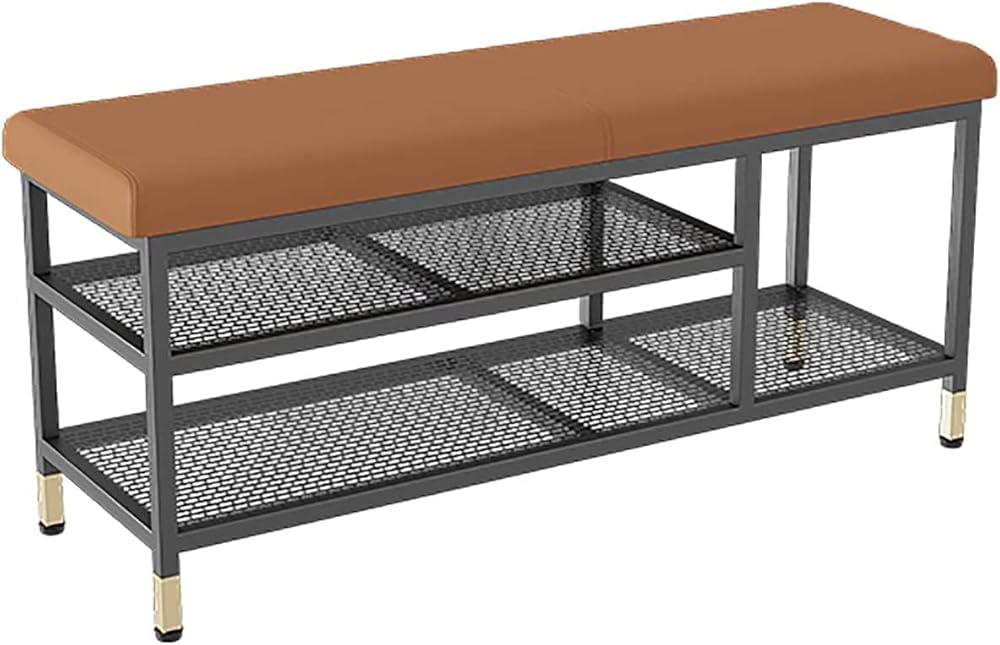 Shoe Storage Bench Entryway Hallway Furniture, Shoe Bench Entryway with 2 Tiers Metal Storage Shelf Nordic Shoe Changing Stool for Household Use Simple and Modern(Brown,80 * 32 * 47 cm)