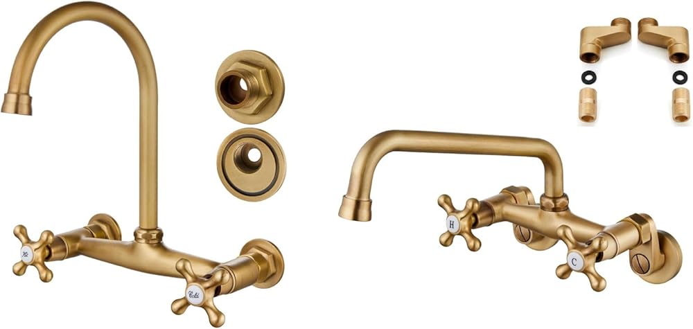 Airuida Antique Brass Wall Mount Kitchen Sink Faucet, Wall Mounted 8 Inches Center Faucet Wall Mounted Kitchen Faucet Wall Mount Laundry Sink Faucet Double Cross Handles 9 Inch Spout Reach 6 Inch Cent