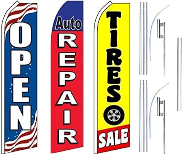 Auto Shop Services Super Flag 3 Pack & Poles-OPEN-Auto Repair-Tires