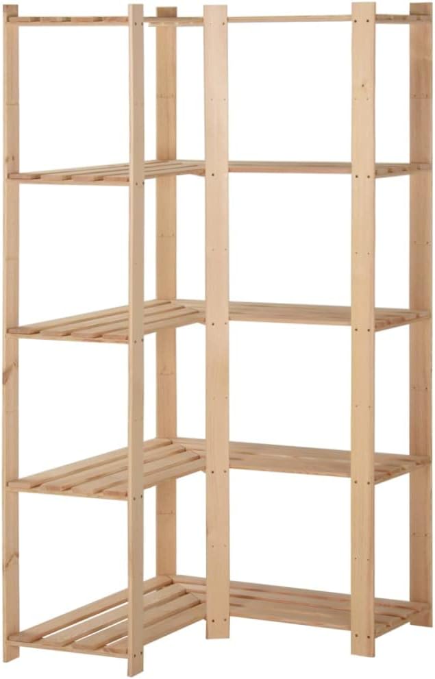 vidaXL 5-Tier Storage Corner Rack in Solid Pinewood - Multipurpose and Space-Saving Design, Perfect for Kitchen, Bathroom, Laundry Room, and Office - Natural Pine, Brown