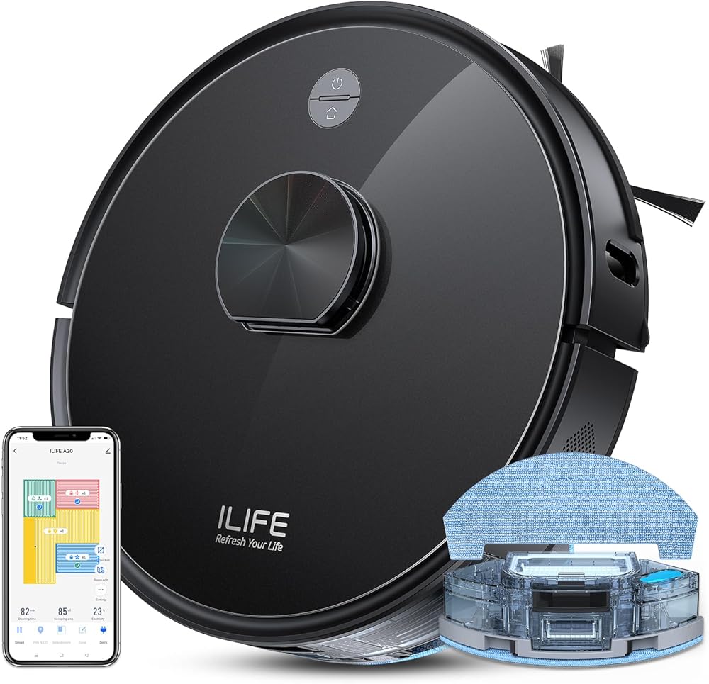 ILIFE A20 Robot Vacuum and Mop Combo, LiDAR Navigation, 3000Pa Suction Robotic Vacuum Cleaner, Smart Mapping, App/Alexa Control, for Pet Hair, Hard Floor, Carpet, 2.4GHz WiFi Only