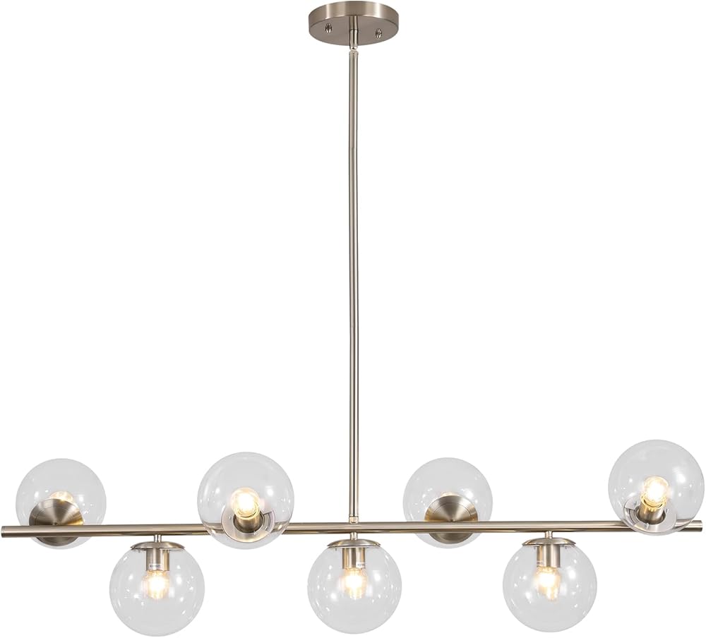 KCO Lighting Modern 7-Light Brushed Nickel Metal Large Chandelier Nordic Clear Glass Globe Farmhouse Pendant Light Silver Minimalist Adjustable Kitchen Island Hanging Ceiling Lights