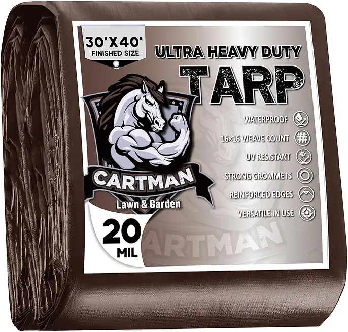 CARTMAN Finished Size 30x40 Feet Extra Thick 20 Mil Brown Ultra Heavy Duty Poly Tarp, Multipurpose Protective Cover, UV Resistant, Waterproof Poly Tarpaulin with Reinforced Edges
