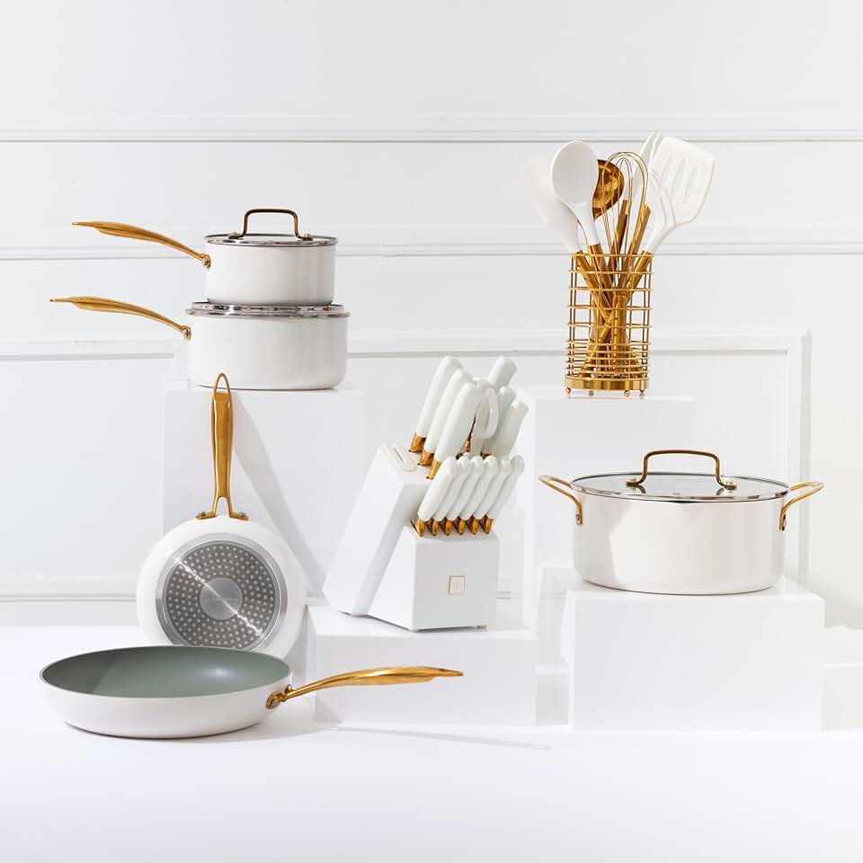 Styled Settings Complete White and Gold Kitchen Accessories Set - 36PC Nonstick Pots, Gold Knives, Utensils
