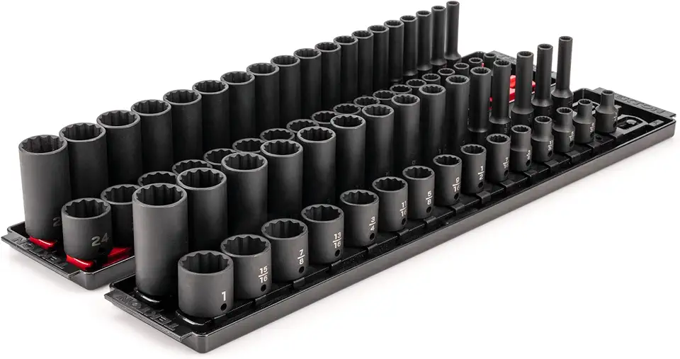 TEKTON 3/8 Inch Drive 12-Point Impact Socket Set with Rails, 68-Piece (1/4-1 in., 6-24 mm) | SID91219