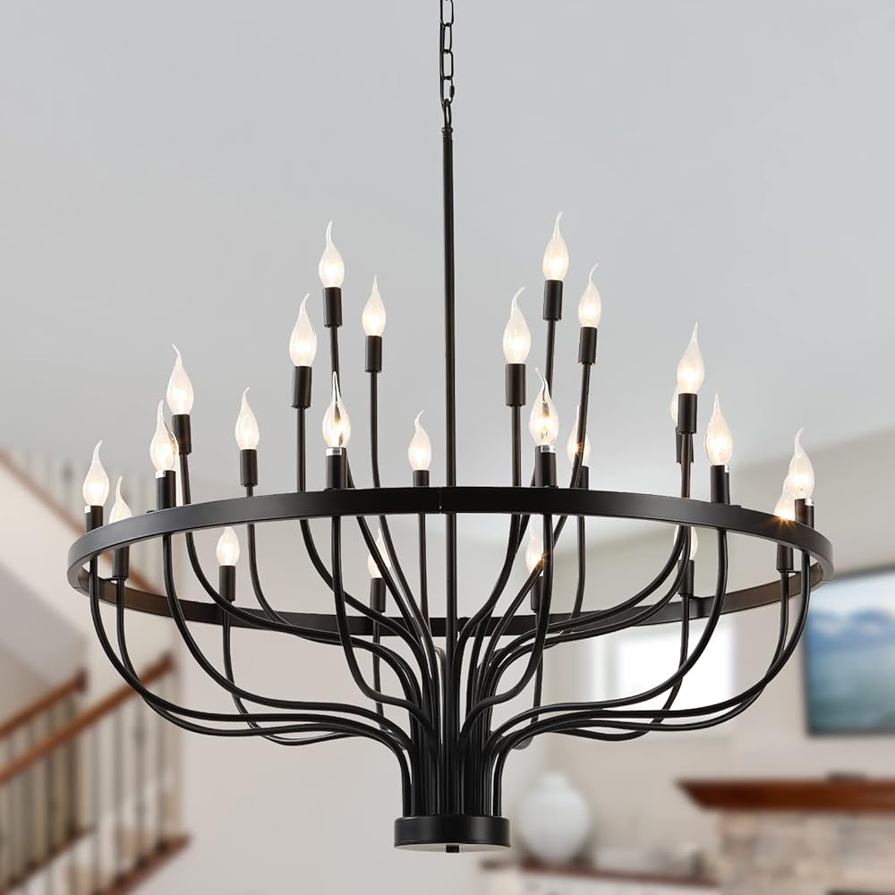 Black Farmhouse Chandelier 24 Light, Large Modern Candle Industrial Round Iron Chandeliers Wagon Wheel Chandelier 39 inch for Dining Room Living Room High Ceilings Foyer Entryway