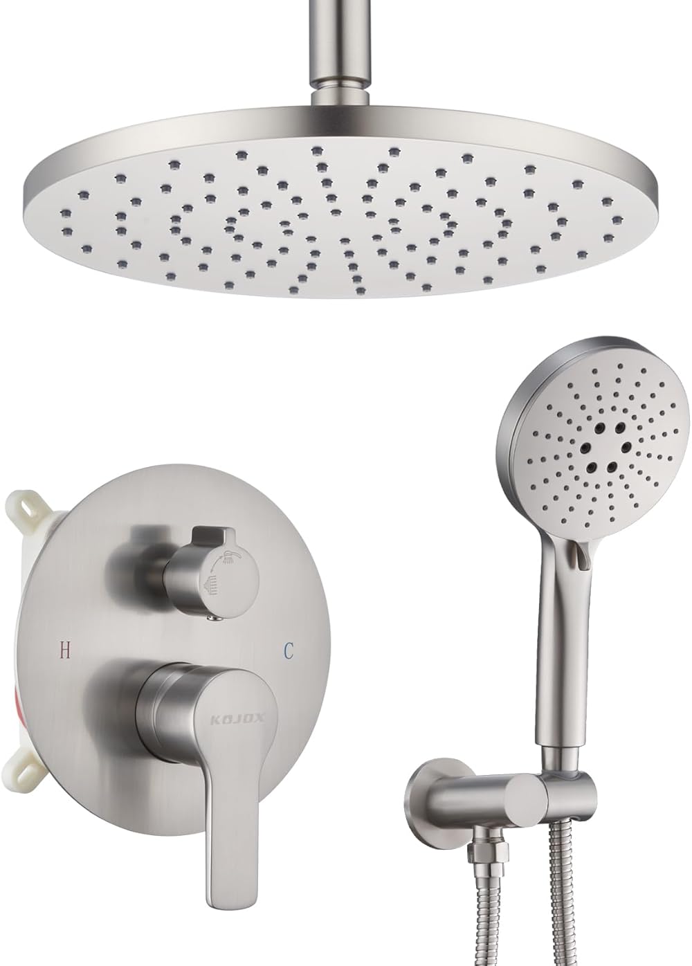 Ceiling Mounted Rain Shower Set - Brushed Nickel High Pressure Shower Head System- 3 Setting Headheld Shower Head Fixtures- Valve Included