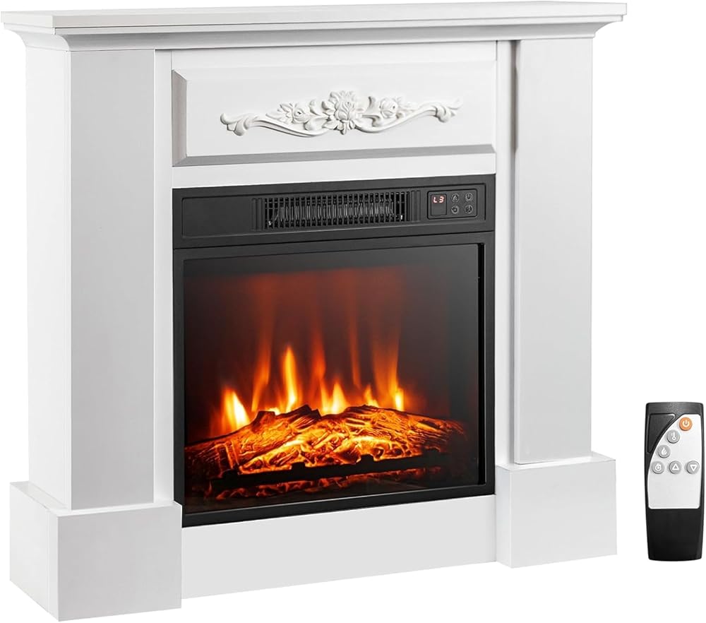 32’’ Electric Fireplace with Mantel, 1400W Freestanding Fireplace Realistic Flame with Thermostat, 3 Brightness, Remote Control, Electric Fireplace Heater with Temperature Control & 6H Timer