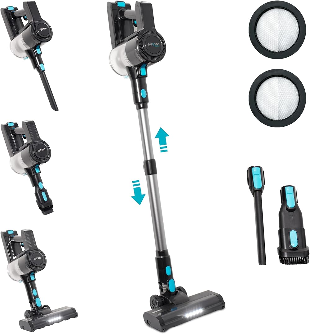 EyeVac Reach 6-in-1 Cordless Stick Vacuum | Lightweight Powerful Suction for Hard Floors & Rugs | 35 min Runtime, Rechargeable, LED Lights, Brushless Motor, Great for Pet Hair (Black w/Turquoise)