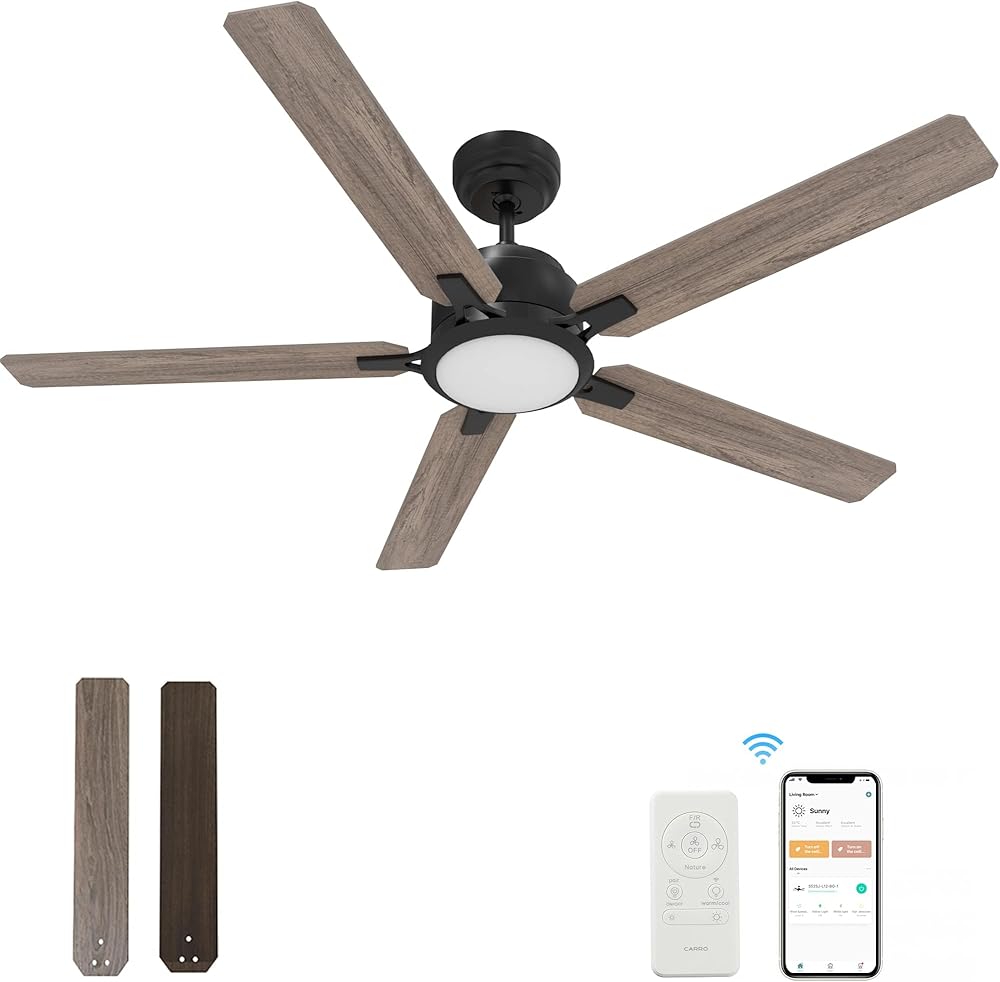 52“ Smart Ceiling Fan With Lights, Low Profile With 10 Speeds, Silent DC Motor, Modern Ceiling Fan Compatible with Alexa, Siri, Google & Smart App, Black & Walnut,Indoor & Outdoor, Farmhouse Style