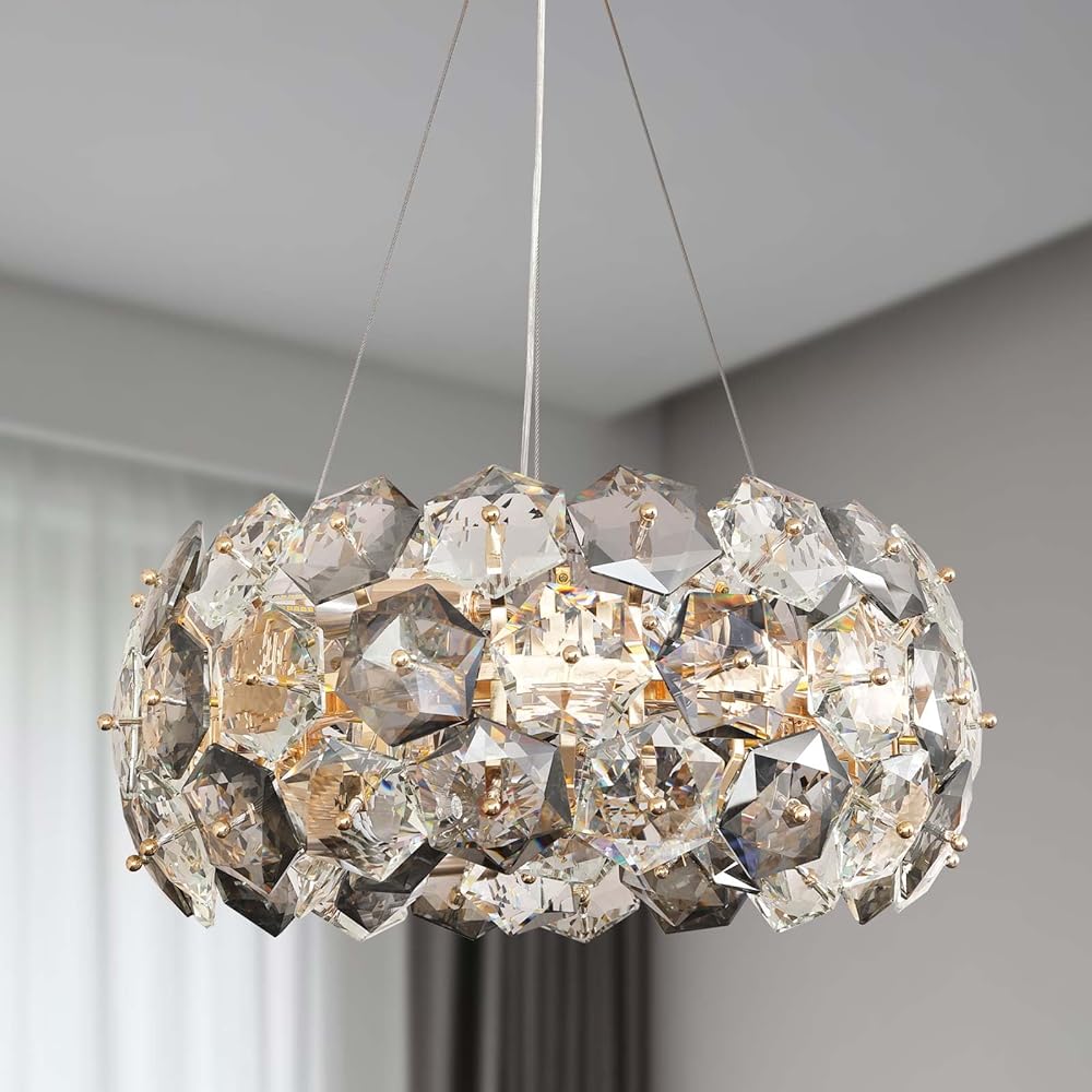 Crystal Chandelier, 9-Lights 20 Inch Gold Modern Round Pendant Lights, Hexagonal Crystals Surrounding Chrome Metal Ceiling Light Fixture, Chandeliers for Dining Room Bedroom Living Room