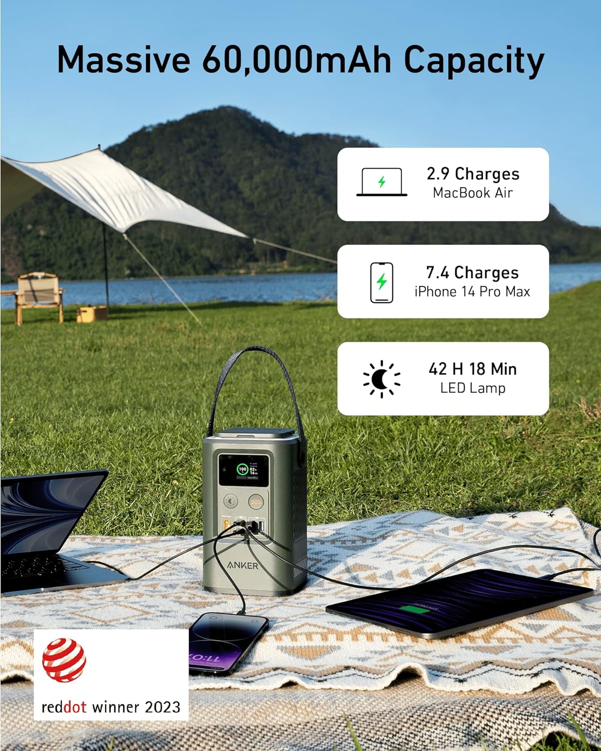 Anker Power Bank Power Station 60,000mAh, Portable Outdoor Generator 87W with Smart Digital Display