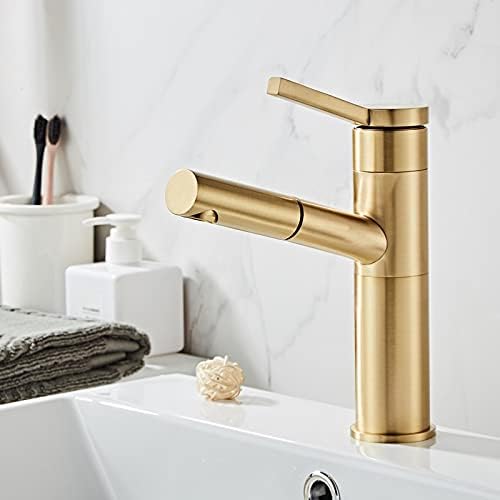 Bathroom Sink Tap Pull Out Basin Faucet, Brushed Gold Faucet Hot & Cold Sink Faucet with Hand Shower Head, Mixer Tap, Bathroom Faucet, Lavatory Mixer Basin Taps (Color : Brushed Gold Short)