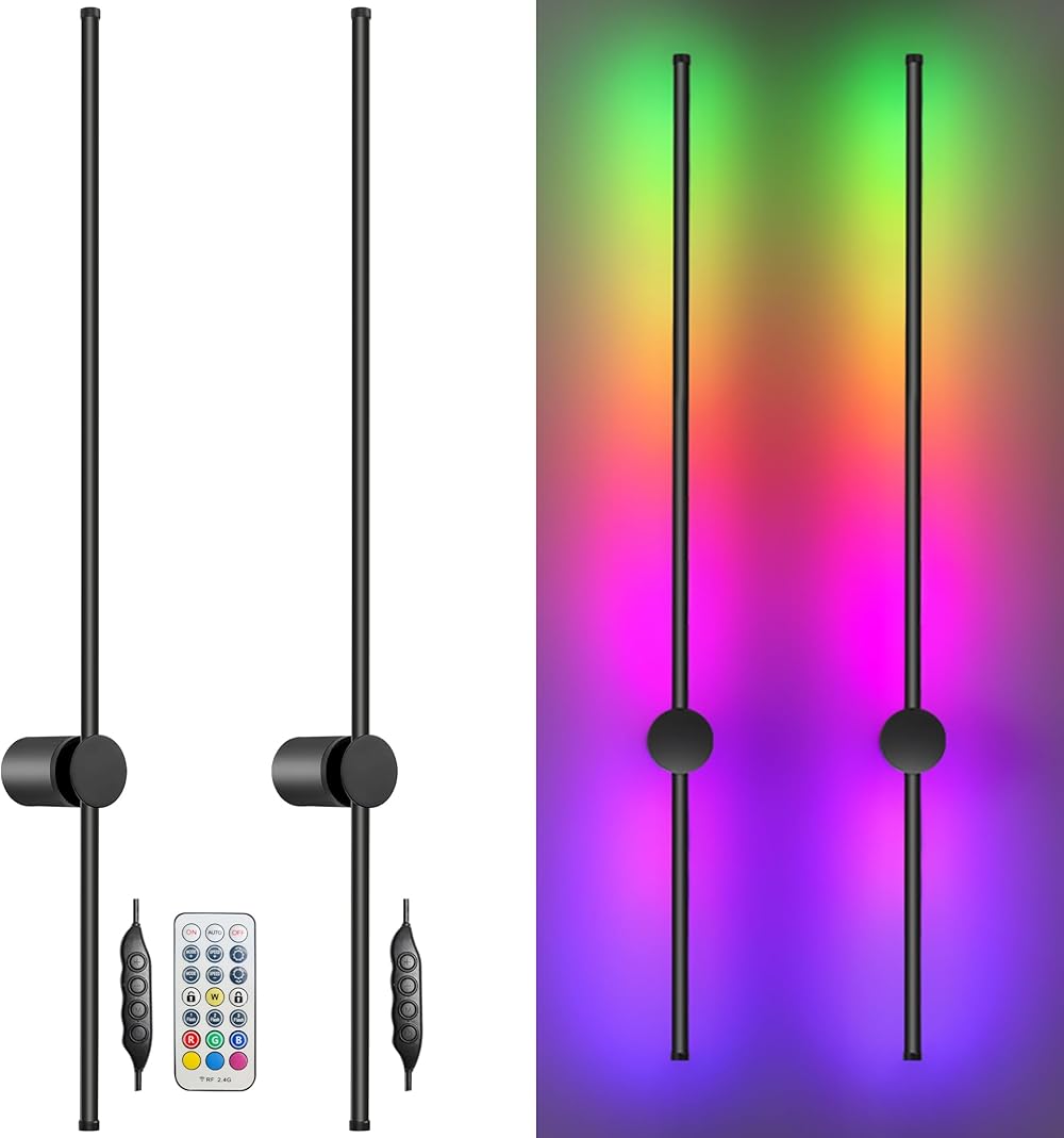 RGB LED Wall Sconces Set of Two with Remote, 15 Color Modes, Dimming, DIY 180° Rotate, Black Plug in Wall Sconces with Warm Light, Dynamic Multicolor Ambience Lights, Plug in Wall Light, 39.4 Inches