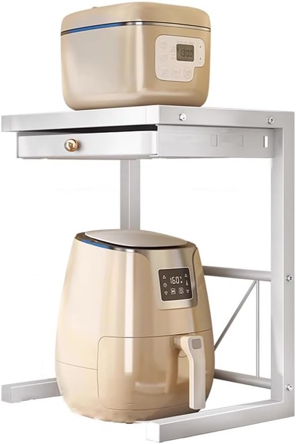 2-Tier Microwave Oven Rack, Kitchen Storage Rack with Drawer, Adjustable Microwave/Toaster Shelf, Freestanding Microwave Oven Stand Rack, for Microwave, Oven,Countertop Storage Organizer,White