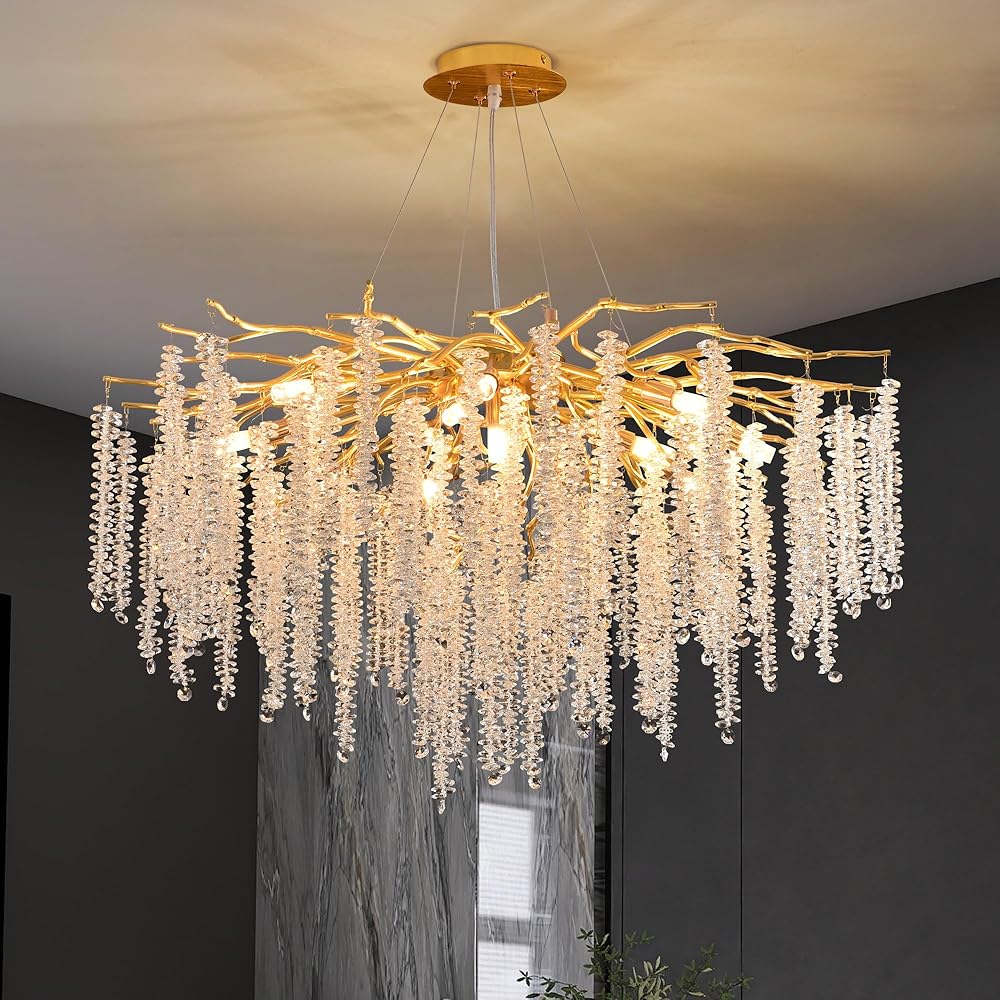 Crystal Tree Branch Chandelier Gold, D31.5'' Modern Round Raindrop Branch Chandelier Luxury Hanging Lighting Fixture for Dining Room Living Room Bedroom 12 Lights