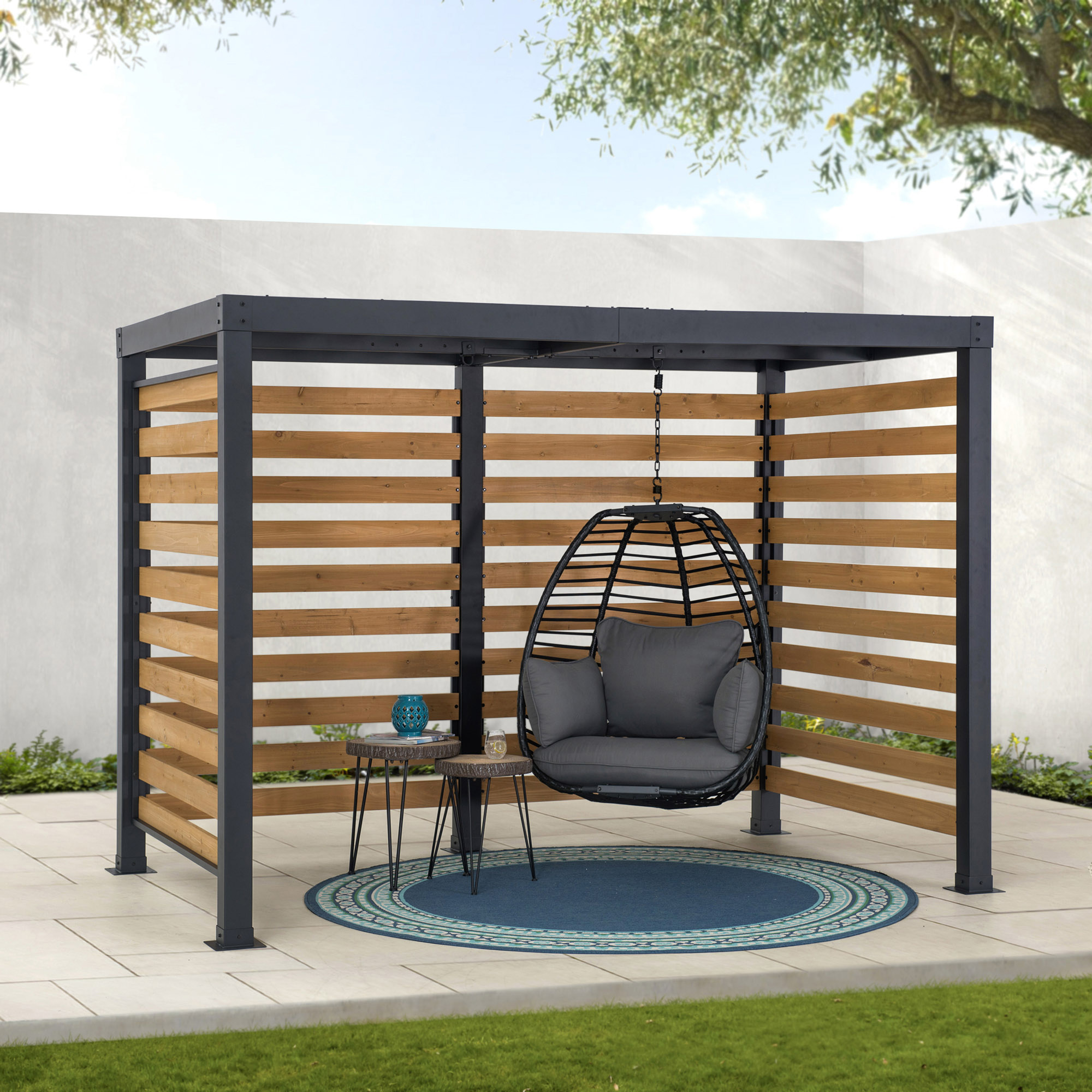 Sunjoy Lynngrove 10 ft. x 6 ft. Steel Framed Small Space Pergola with Cedar Wood Screen and Hooks