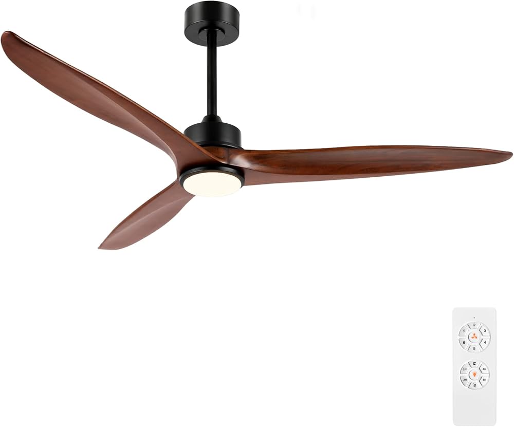 WINGBO 60 Inch DC Ceiling Fan with Lights and Remote Control, 3 Reversible Carved Wood Blades, 6-Speed Noiseless DC Motor, Modern Ceiling Fan in Matte Black Finish with Walnut Blades, ETL Listed