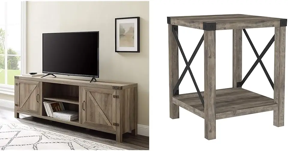 Walker Edison Georgetown Modern Farmhouse Double Barn Door TV Stand for TVs up to 80 Inches, 70 Inch, Grey Wash, Without Fireplace & Sedalia Modern Farmhouse Metal X Side Table, 18 Inch, Grey Wash