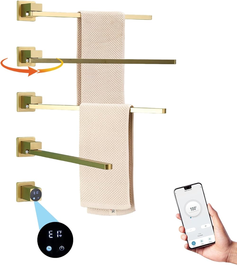 Heated Towel Rack, 180° Rotating Towel Warmer Concealed, Smart WiFi Stainless Steel Electric Towel Rack with Built-in Timer, 75W 4 Bars Wall Mounted Electric Drying Rack for Bathroom (Brushed Gold)